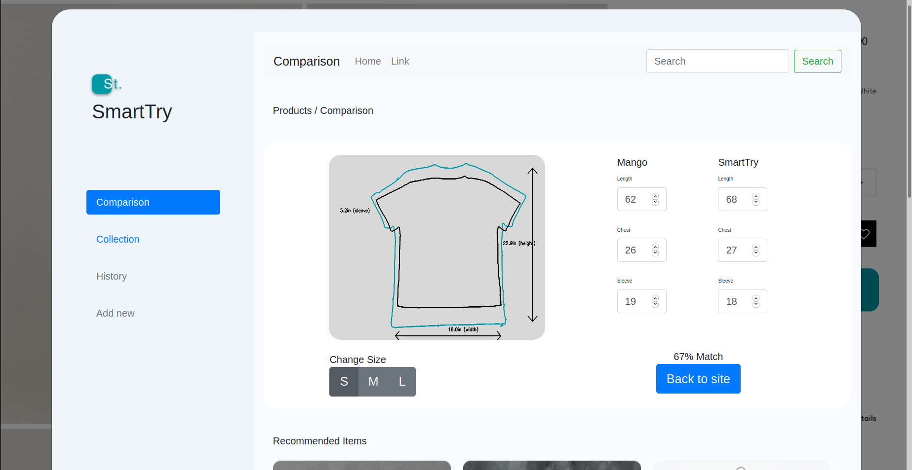 Screenshot of SmartTry showing options to compare clothing measurements with your best fit