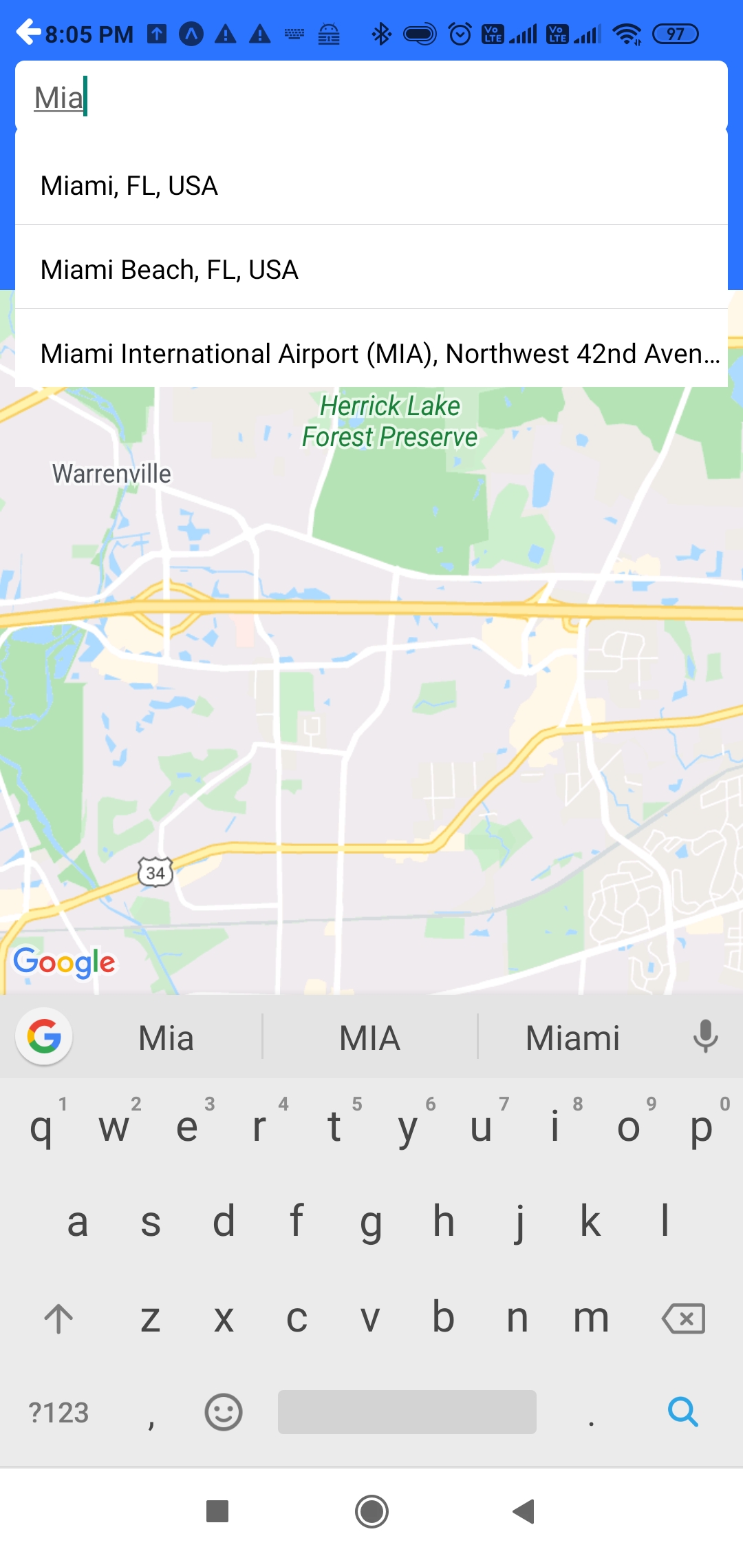 Screenshot of the Corus app showing the React Native Maps, Datetime picker, and Google Places Autocomplete in action