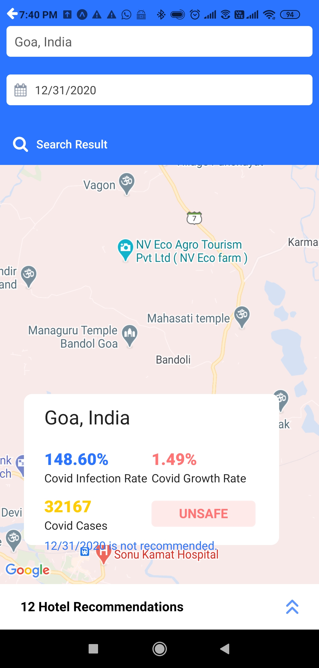 Screenshot of CoRus app showing risk predictions for Goa