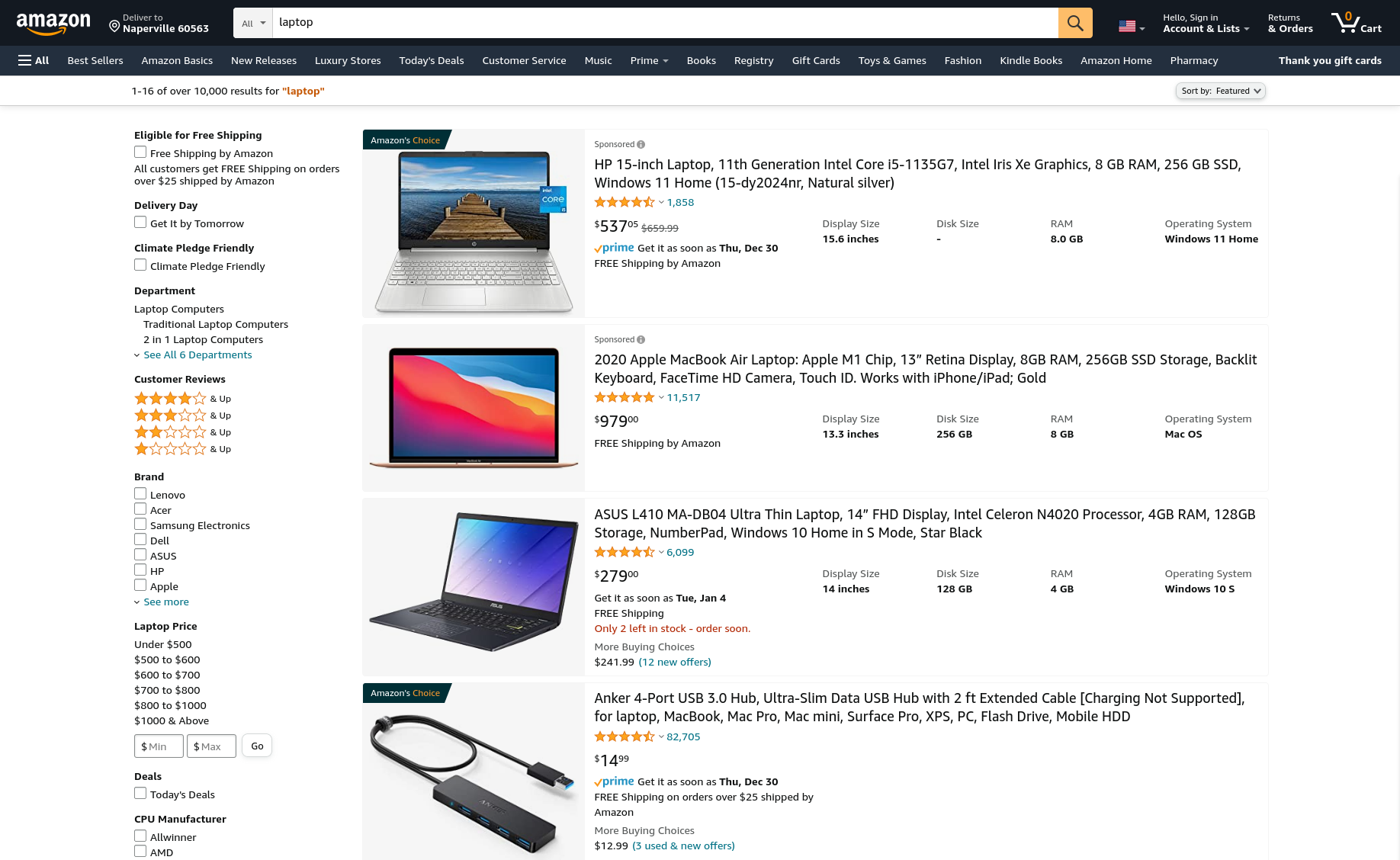 Screenshot of Amazon showing results for laptop