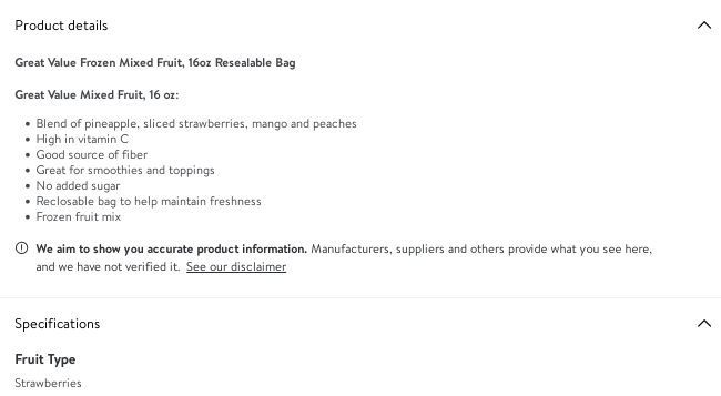 Screenshot of Walmart showing product description for mixed fruit