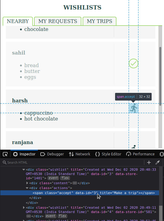 Screenshot of Google Chrome Elements Inspector that shows the markup structure of a wishlist card in the DOM