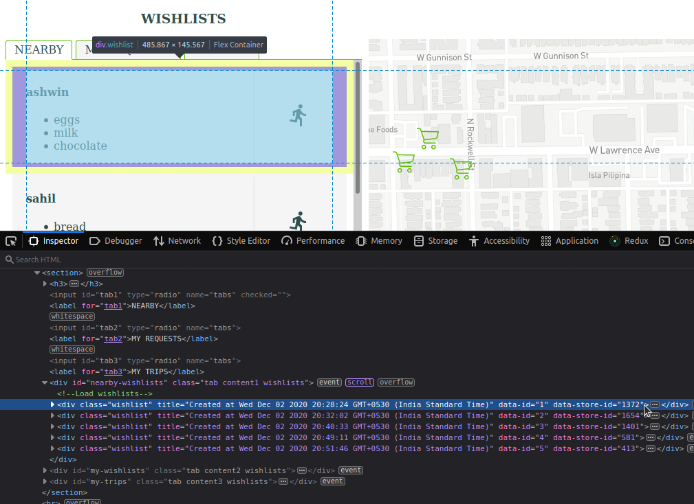 Screenshot of Google Chrome Elements Inspector showing the attributes on the DOM element for a wishlist