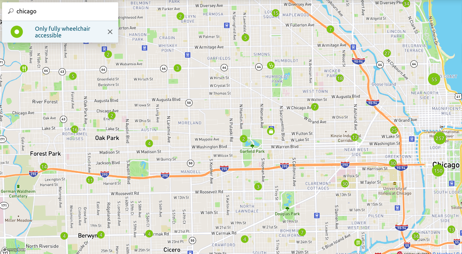 Screenshot of Wheelmap, An OpenStreet Map that shows all the places that are Wheelchair accessible